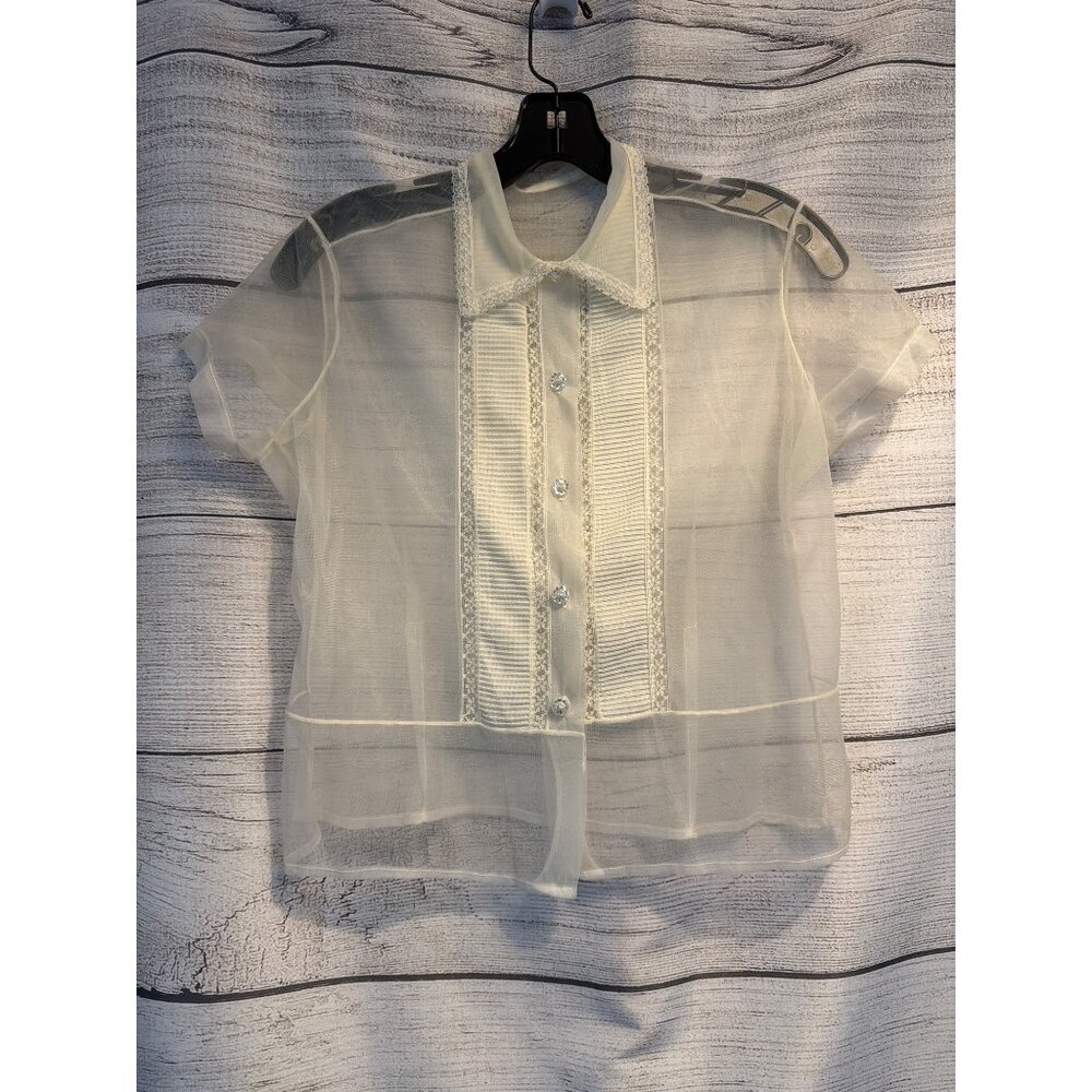 Sheer Ivory Short-Sleeve Button Front Blouse